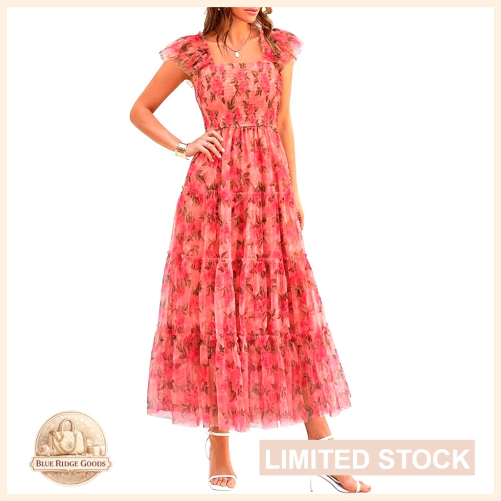 Summer Tulle Midi Dress Sleeveless Smocked Ruffle Flowy Mesh Party Wedding Guest